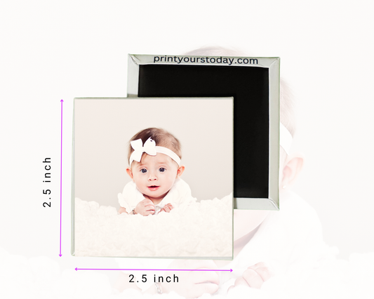 Close-up of vibrant 2.5 inch square baby photo fridge magnet print
