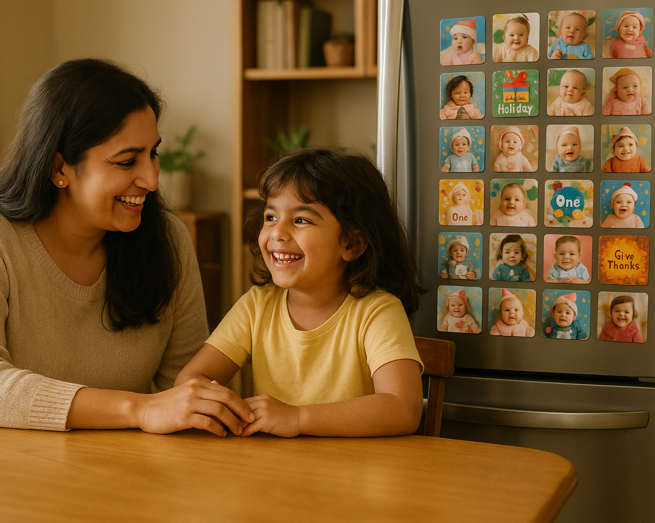 Close-up of vibrant 2.5 inch square baby photo fridge magnet print