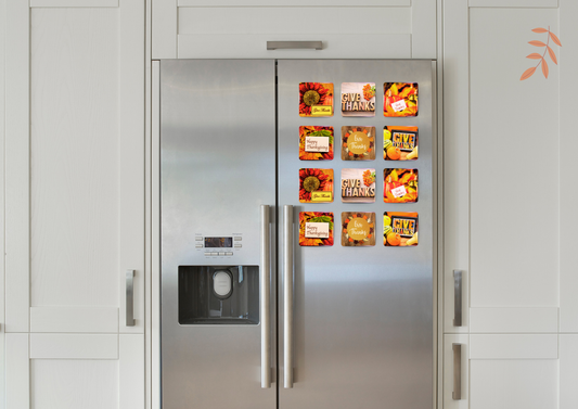 Close-up of fall-themed Thanksgiving fridge magnet