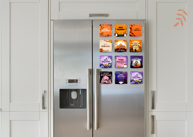 Halloween magnets decorating refrigerator door