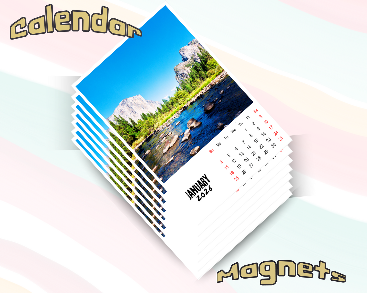 Custom fridge calendar magnet displayed on refrigerator with family photo