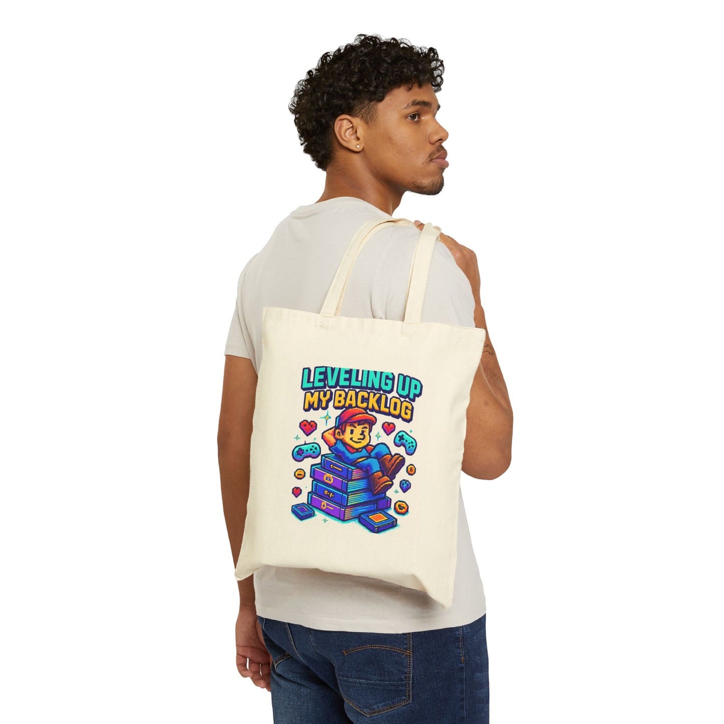 Tote Bag — "Leveling Up My Backlog" Gamer Canvas Tote (Retro Cute Game Controller Design)