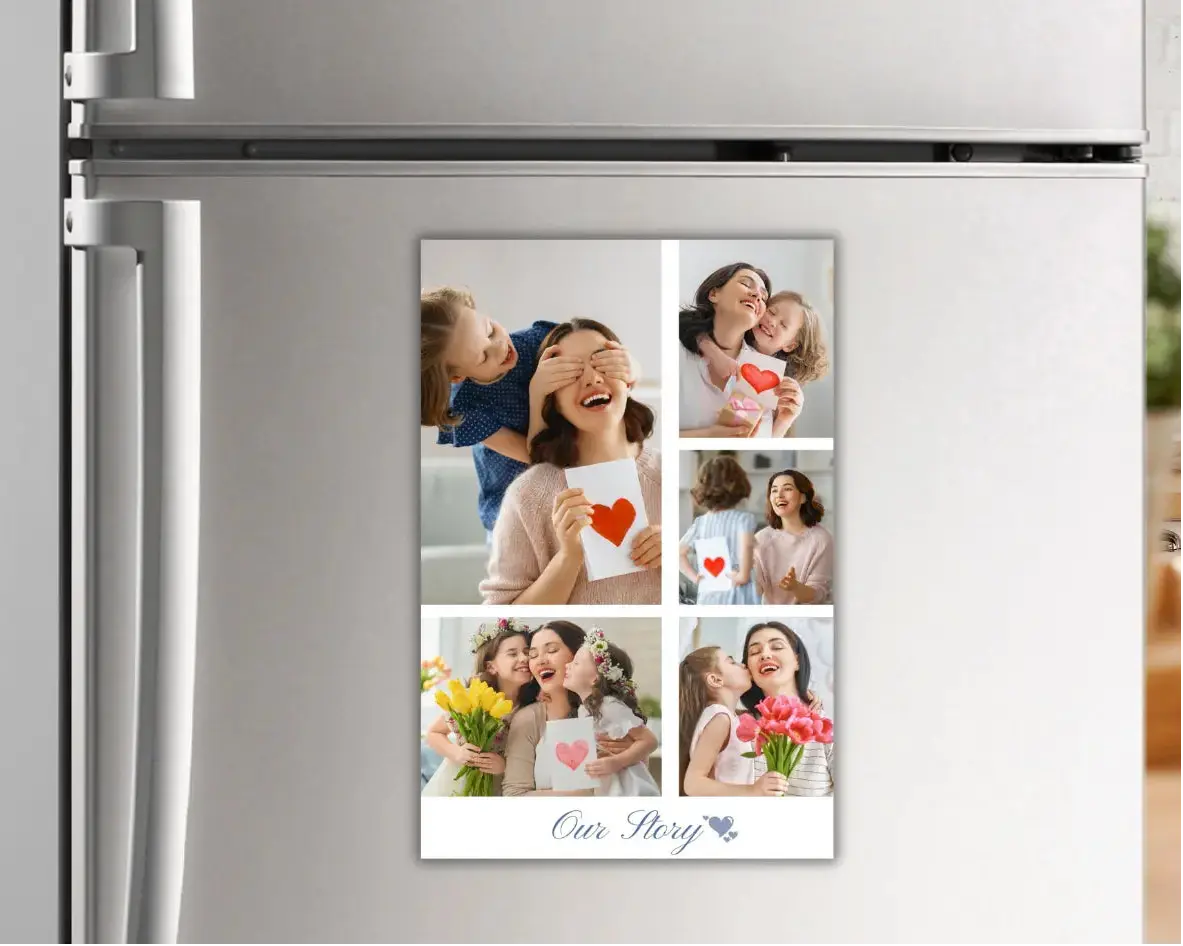 Fridge with a photo collage of people and hearts on a white wall.