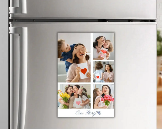 Fridge with a photo collage of people and hearts on a white wall.