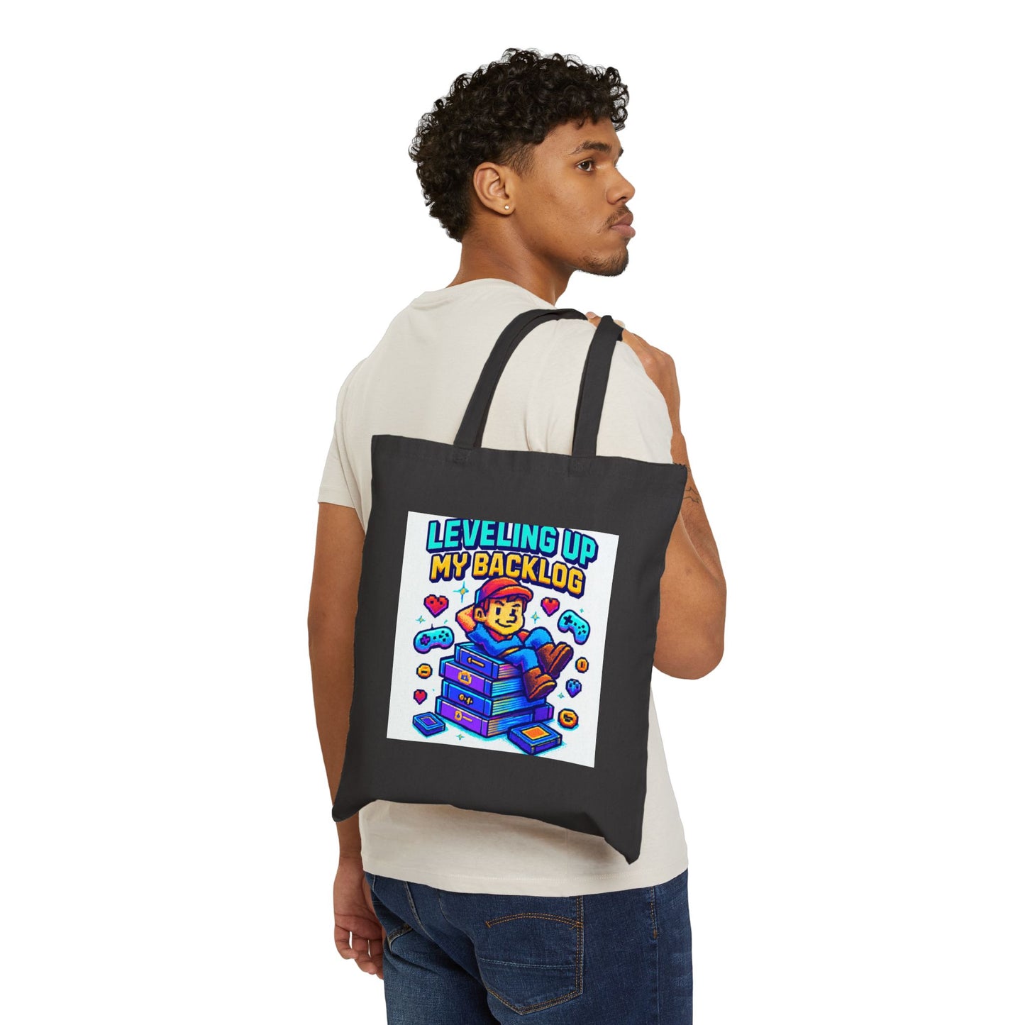 Tote Bag — "Leveling Up My Backlog" Gamer Canvas Tote (Retro Cute Game Controller Design)