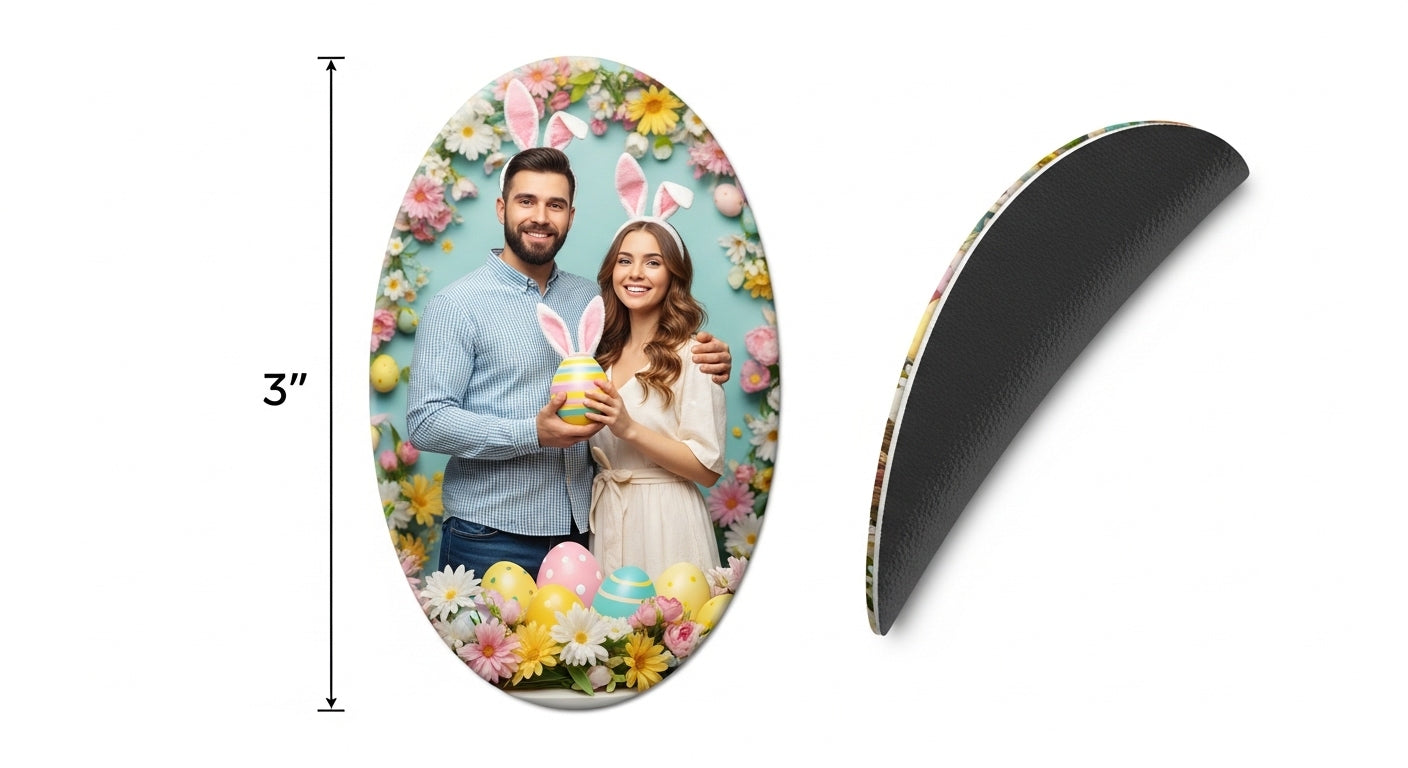 Oval-shaped photo frame with Easter design and a couple holding a bunny, with dimensions indicated.