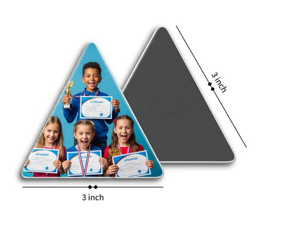 Triangular photo frame with children holding certificates and a black backer, showing dimensions.