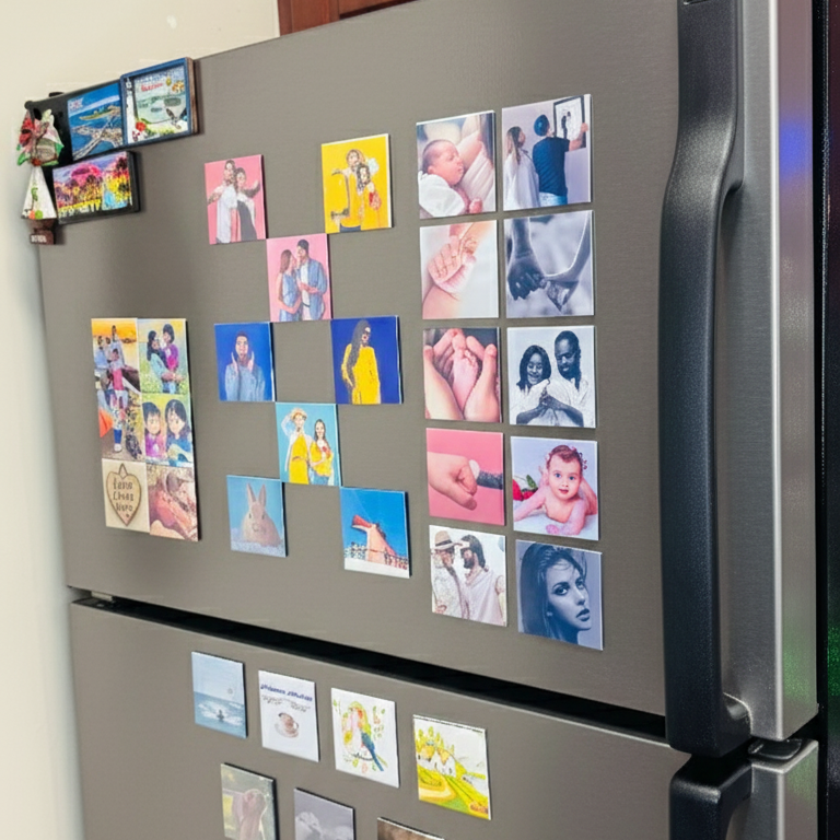 Close-up of vibrant 2.5 inch square photo fridge magnet customized personalized 
