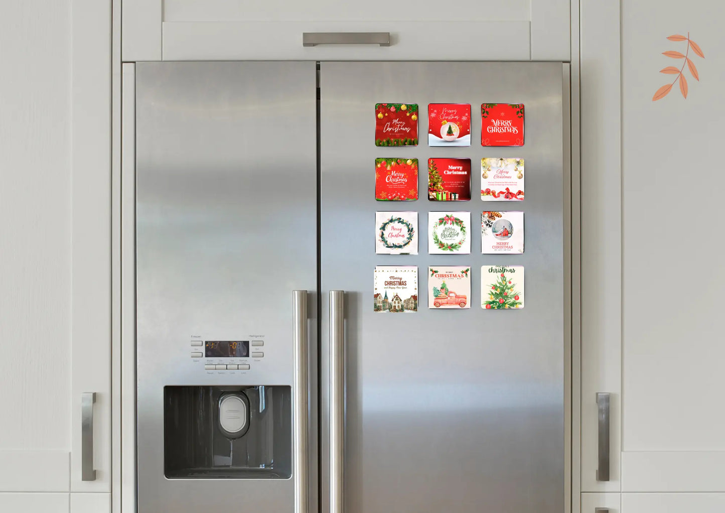 Personalized Christmas magnets on kitchen fridge décor
