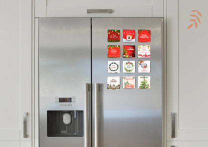 Personalized Christmas magnets on kitchen fridge décor