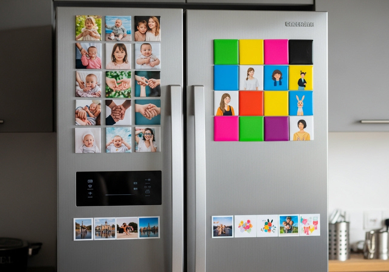 Silver refrigerator with colorful photo magnets and family photos on a kitchen wall.