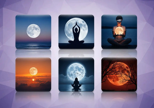 Set of six square custom magnets depicting moon phases and meditation poses on a geometric refrigerator surface