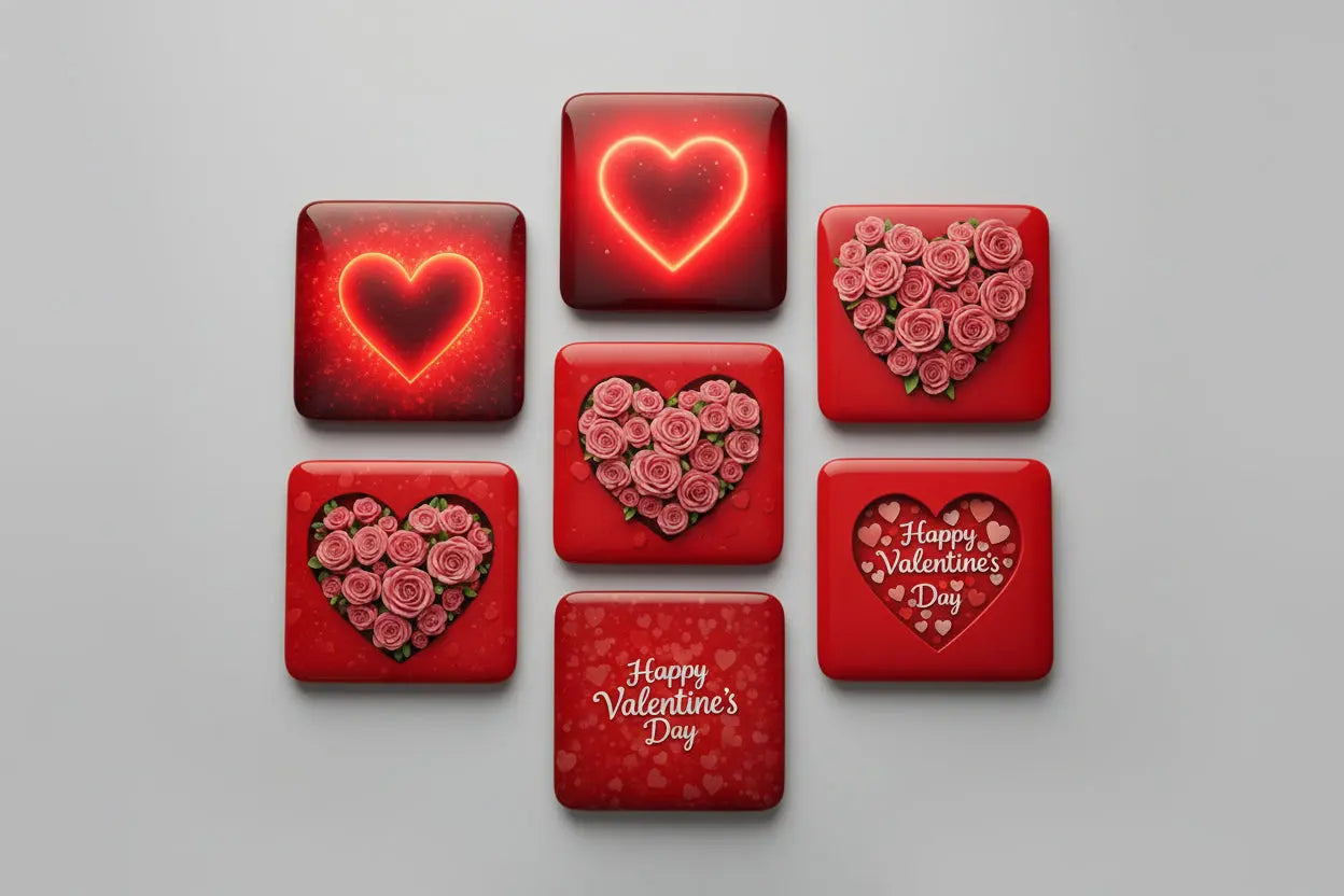 Valentine's Day-themed magnets with heart designs on a wooden surface with candles and roses.