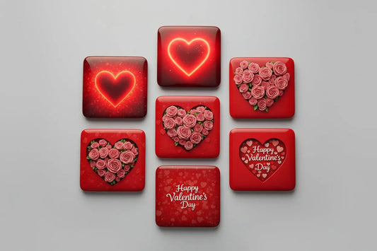 Valentine's Day-themed magnets with heart designs on a wooden surface with candles and roses.