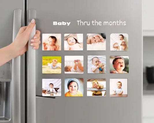 Custom 2.5 inch square fridge magnet showing 12-month baby photo