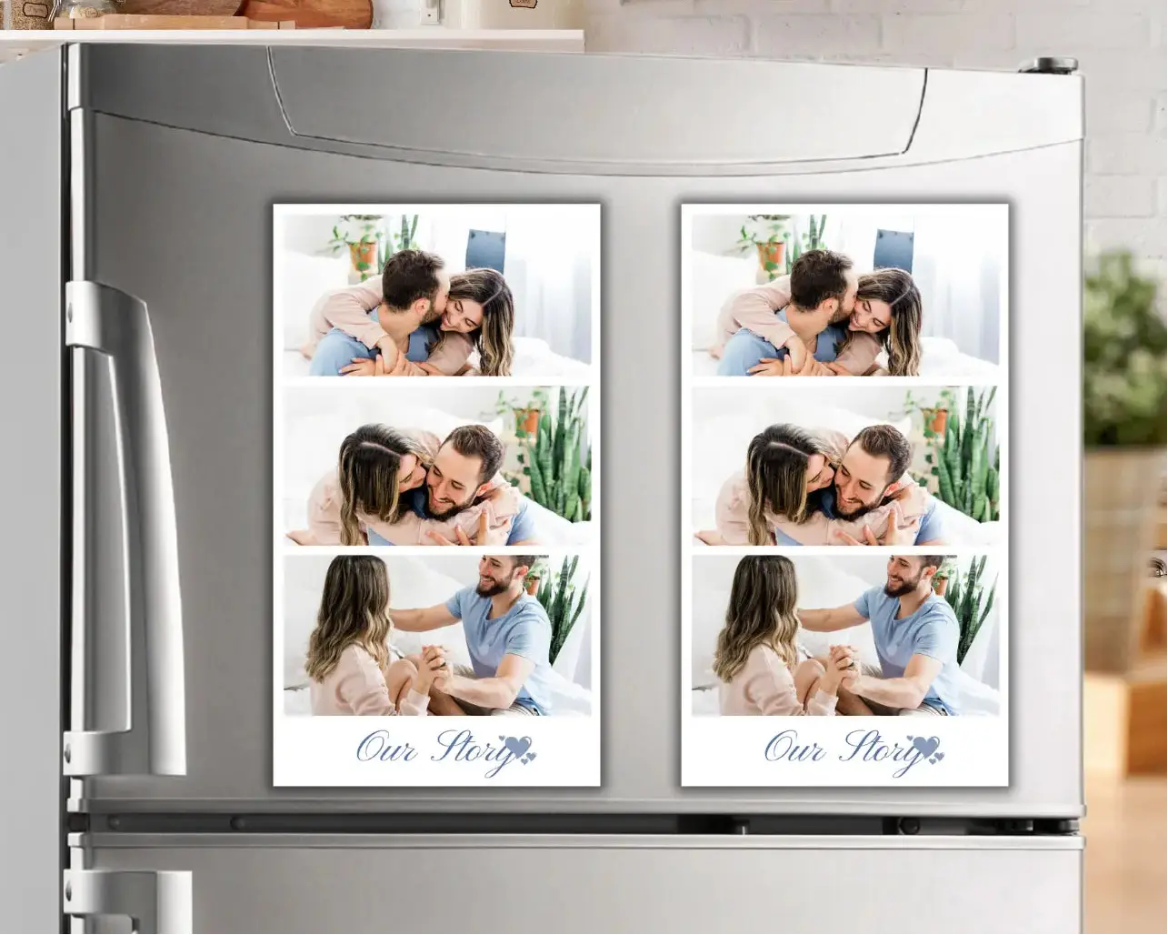Fridge with photo collages of a couple on the doors