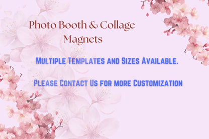 Promotional text for photo booth and collage magnets with floral design on a light pink background.