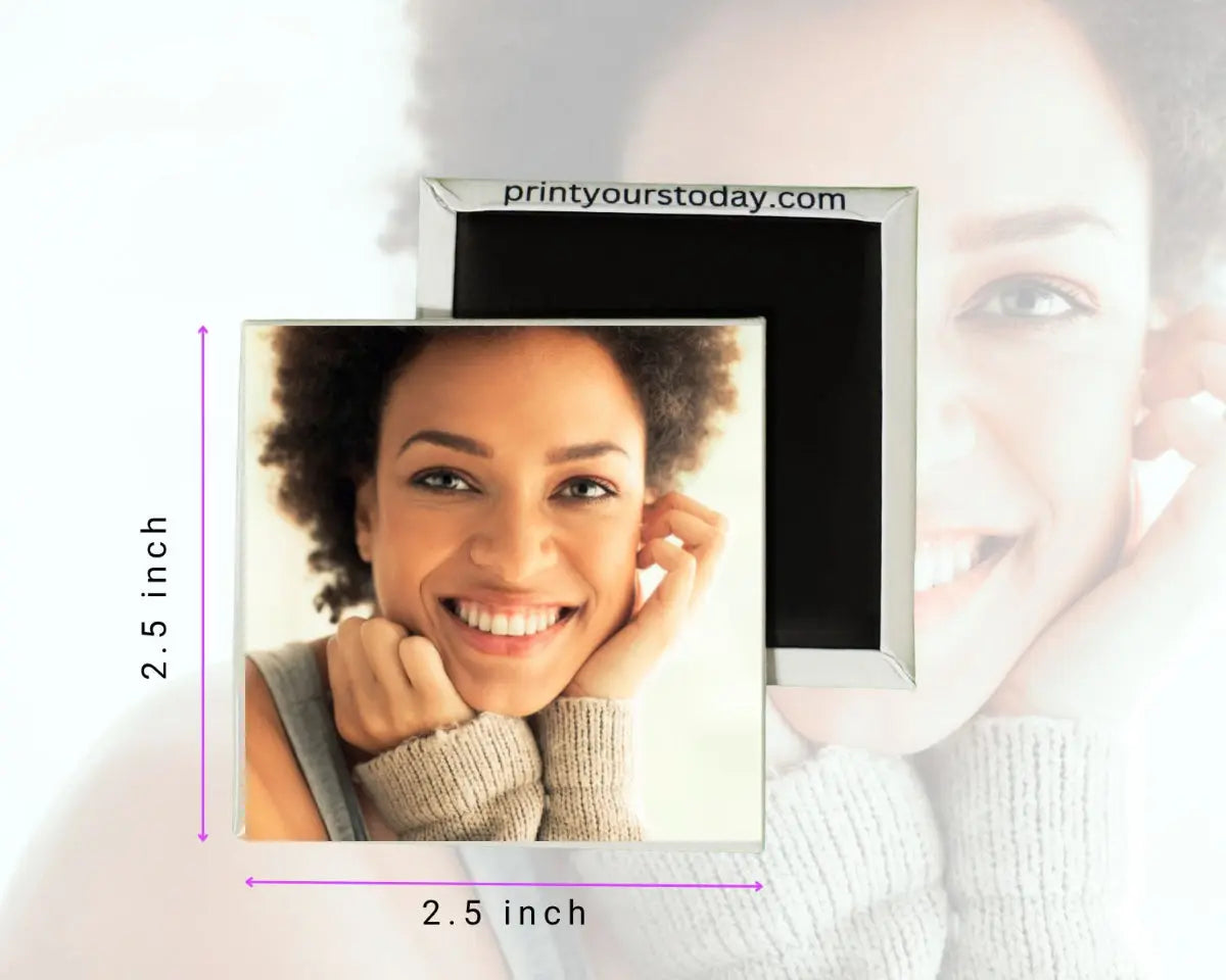 Personalized square photo magnet on refrigerator